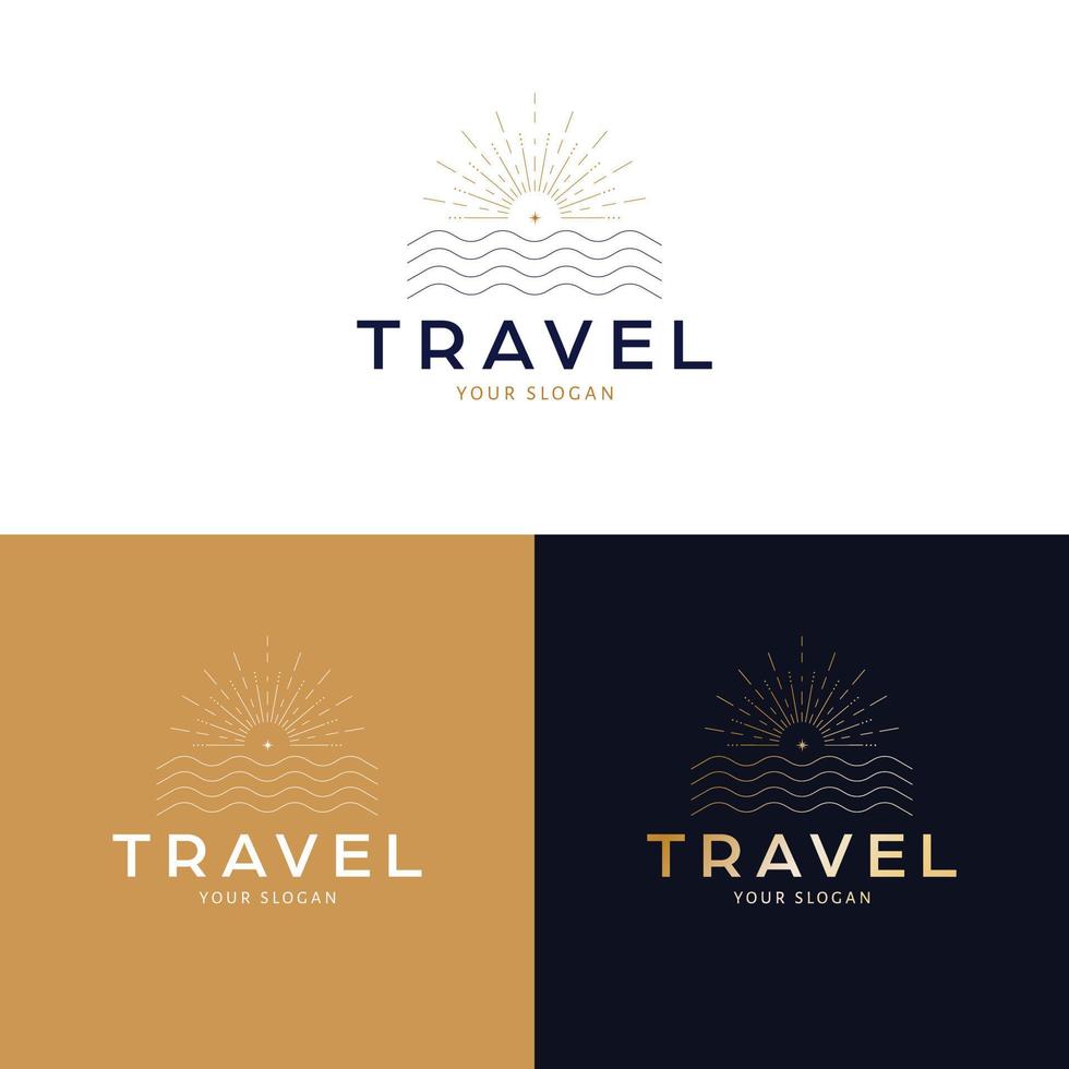 viaje logo diseño. puesta de sol y mar resumen vector logotipo tropical vacaciones bohemio logo modelo.