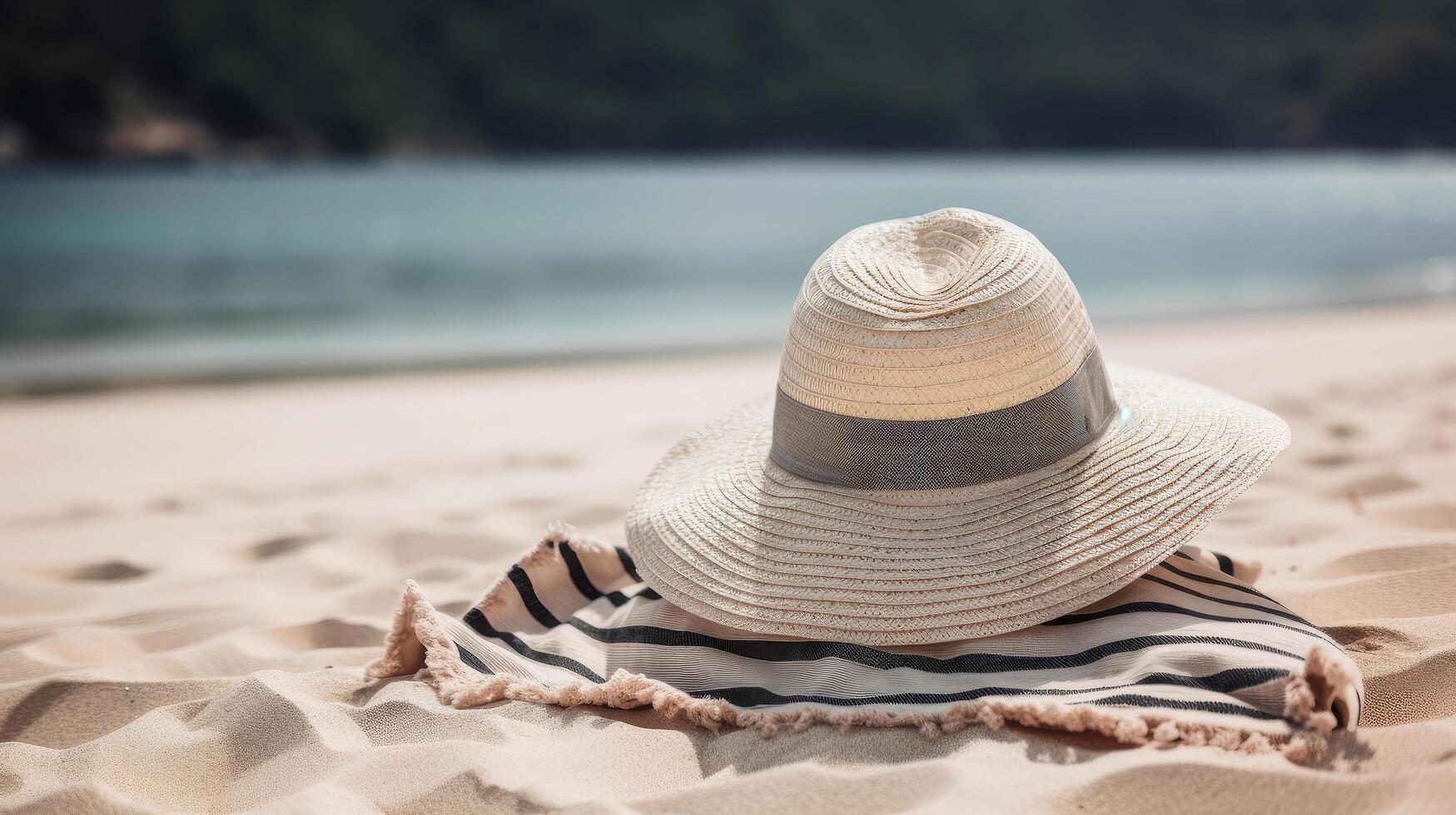 Big summer hat on beach. Illustration photo