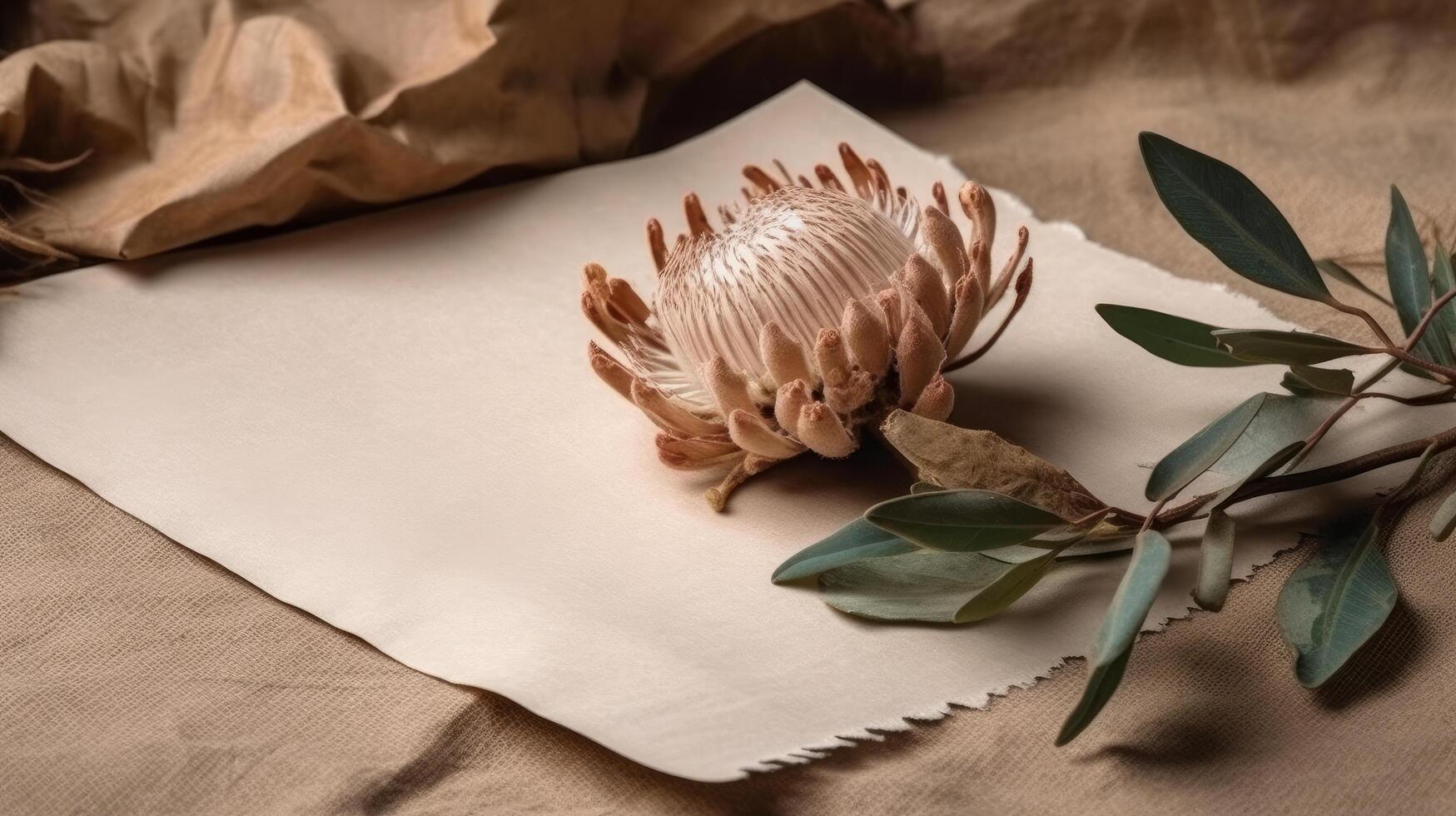 Dried protea flower with blank paper card. Luxury Background. Illustration photo