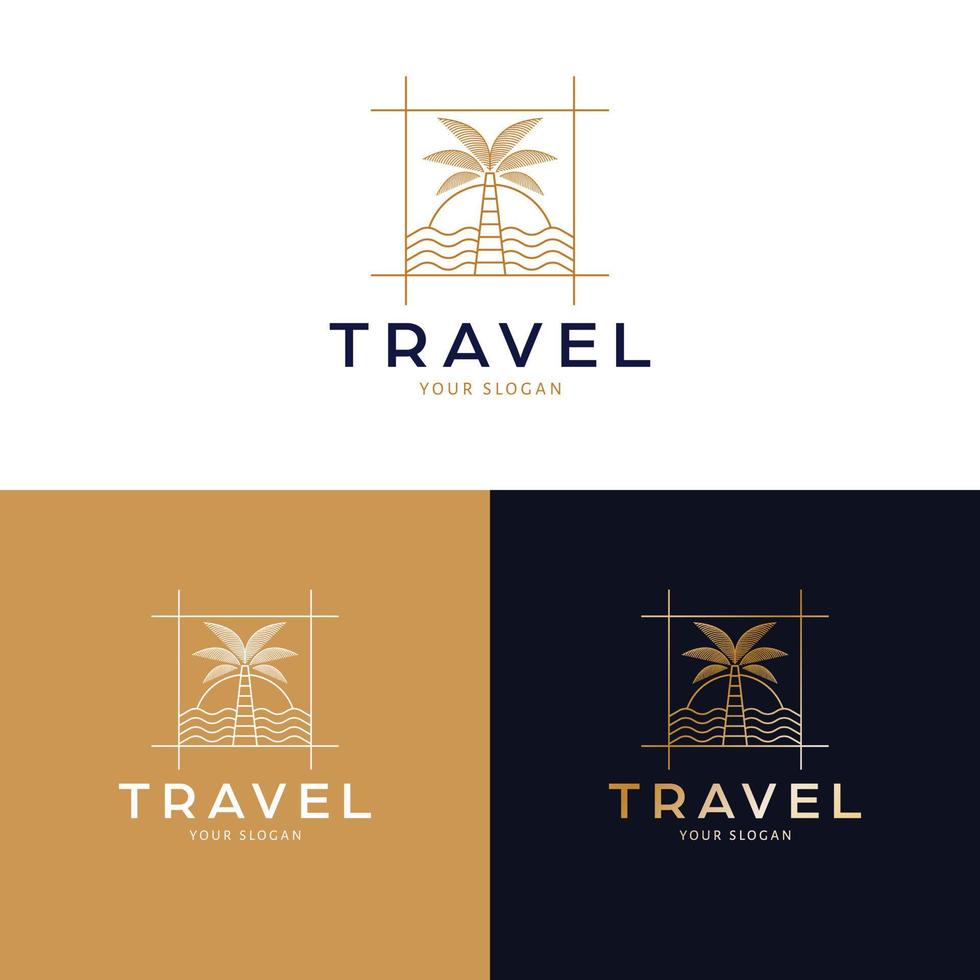 Travel logo design. Palm and sunset vector logotype. Tropical vacation logo template.
