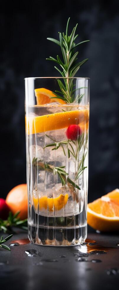 Cocktail of vodka and sprite with ripe fruits and rosemary Illustration photo
