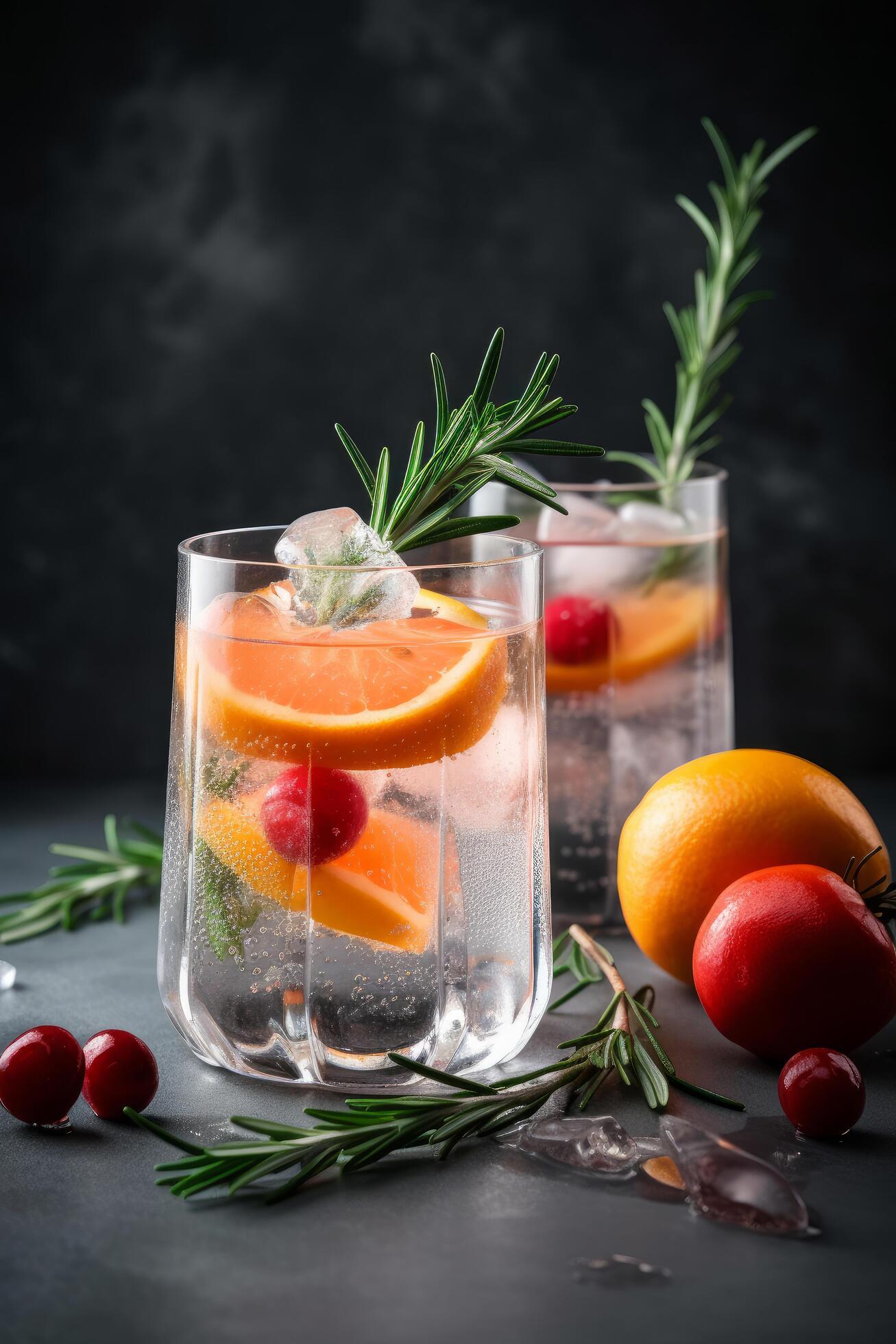 Cocktail of vodka and sprite with ripe fruits and rosemary Illustration