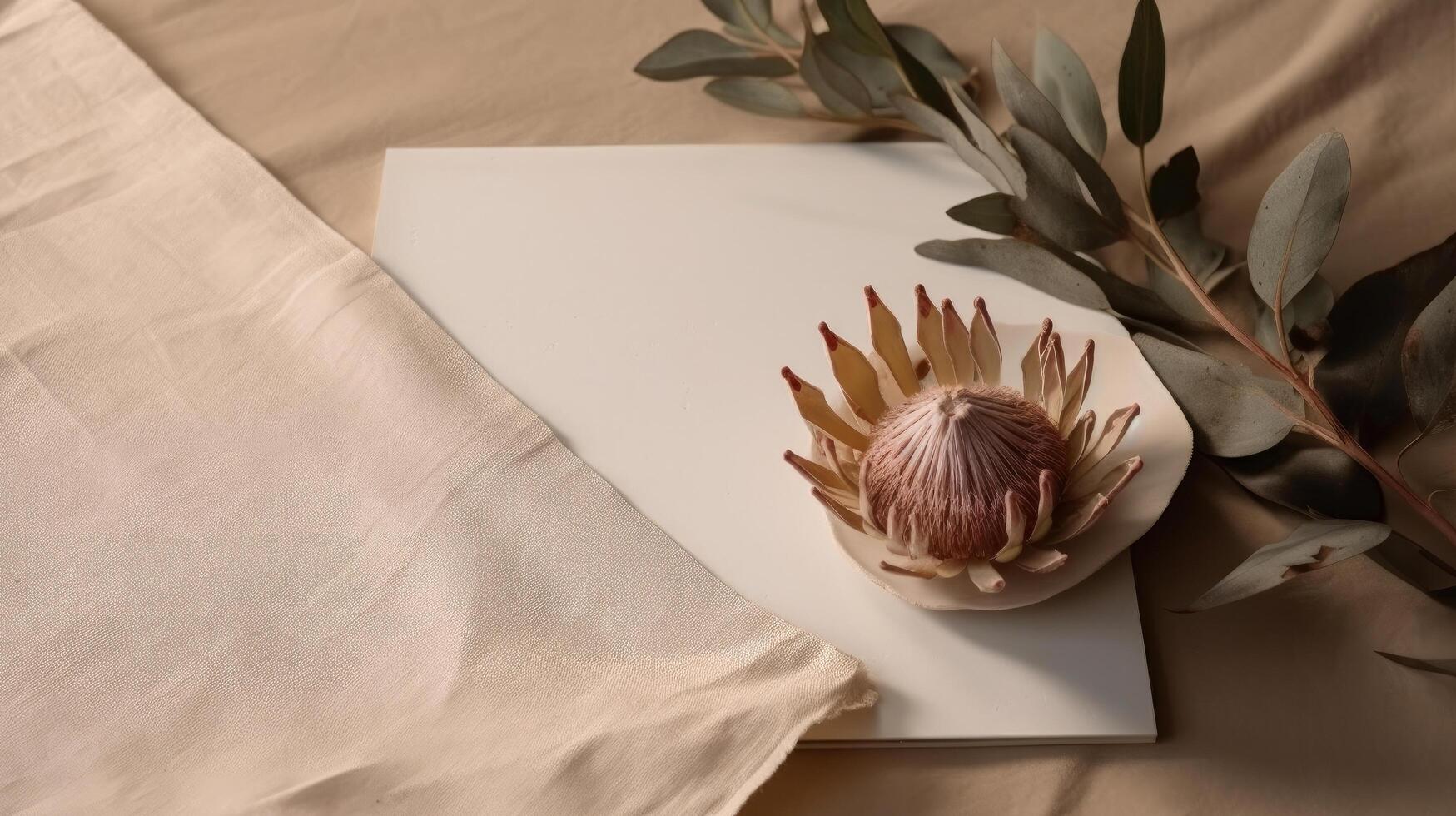 Dried protea flower with blank paper card. Luxury Background. Illustration photo