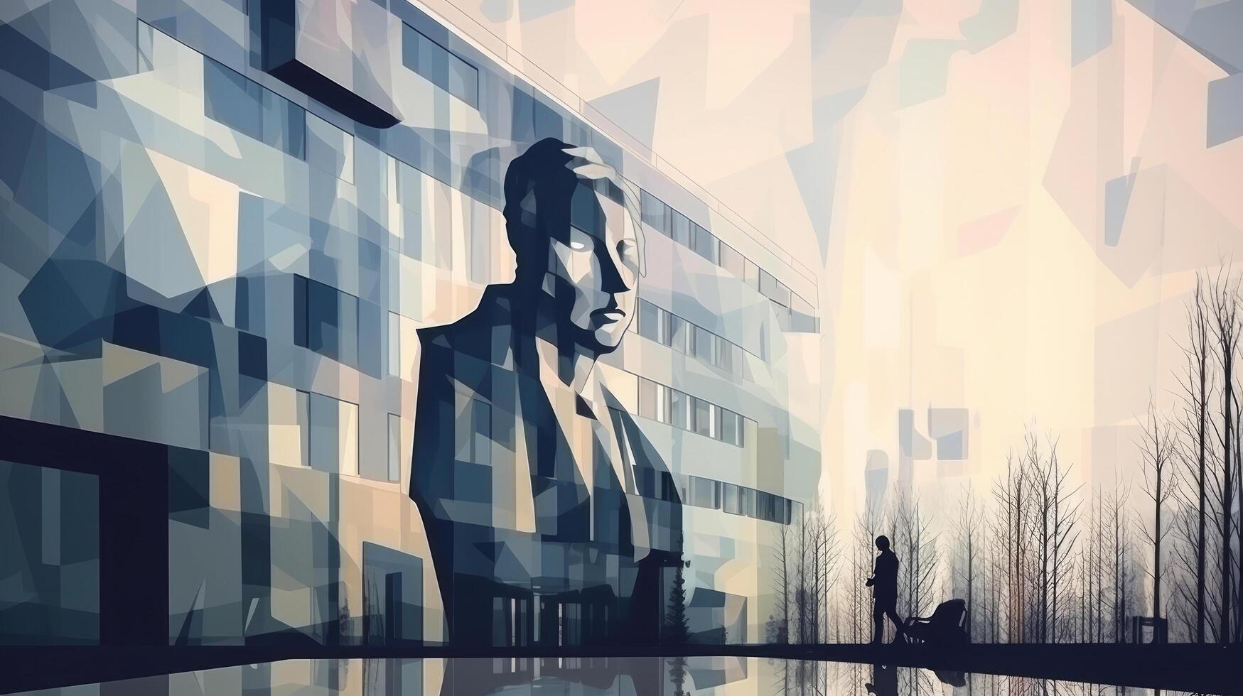 Modern office building with man silhouette painting in Cubism style, Illustration photo