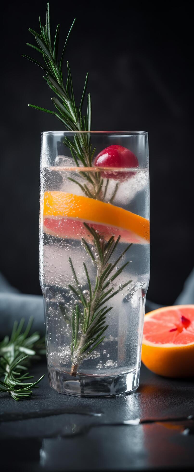Cocktail of vodka and sprite with ripe fruits and rosemary Illustration