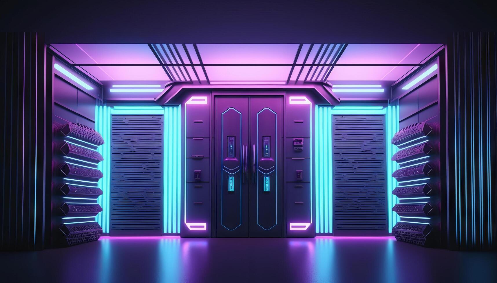 Vibrant Glowing purple and blue neon Laser on a Futuristic Sci-Fi Stage. photo