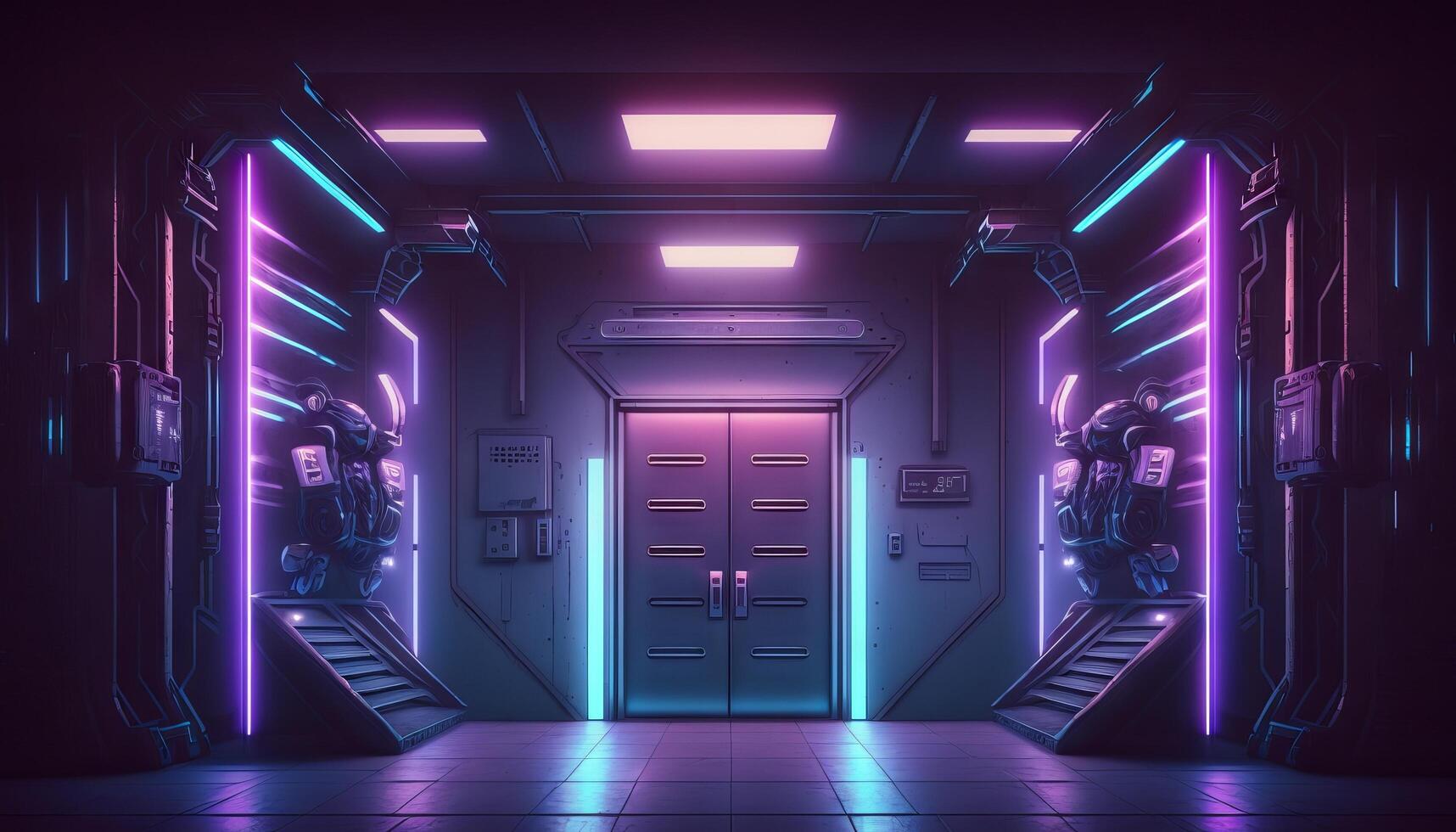 Vibrant Glowing purple and blue neon Laser on a Futuristic Sci-Fi Stage. photo