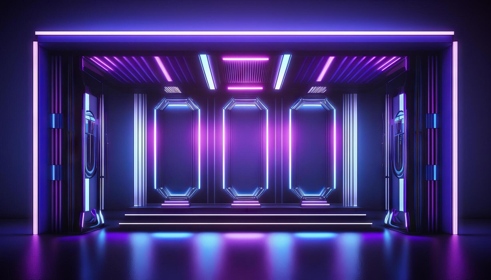 Vibrant Glowing purple and blue neon Laser on a Futuristic Sci-Fi Stage. photo