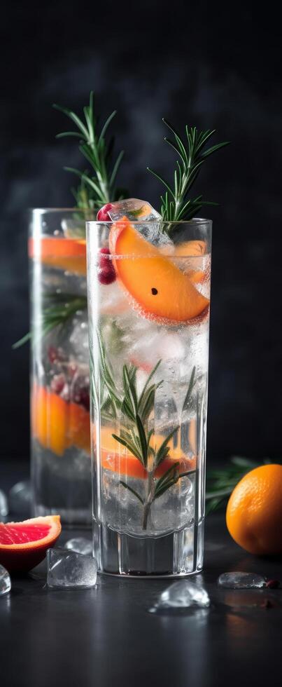 Cocktail of vodka and sprite with ripe fruits and rosemary Illustration photo