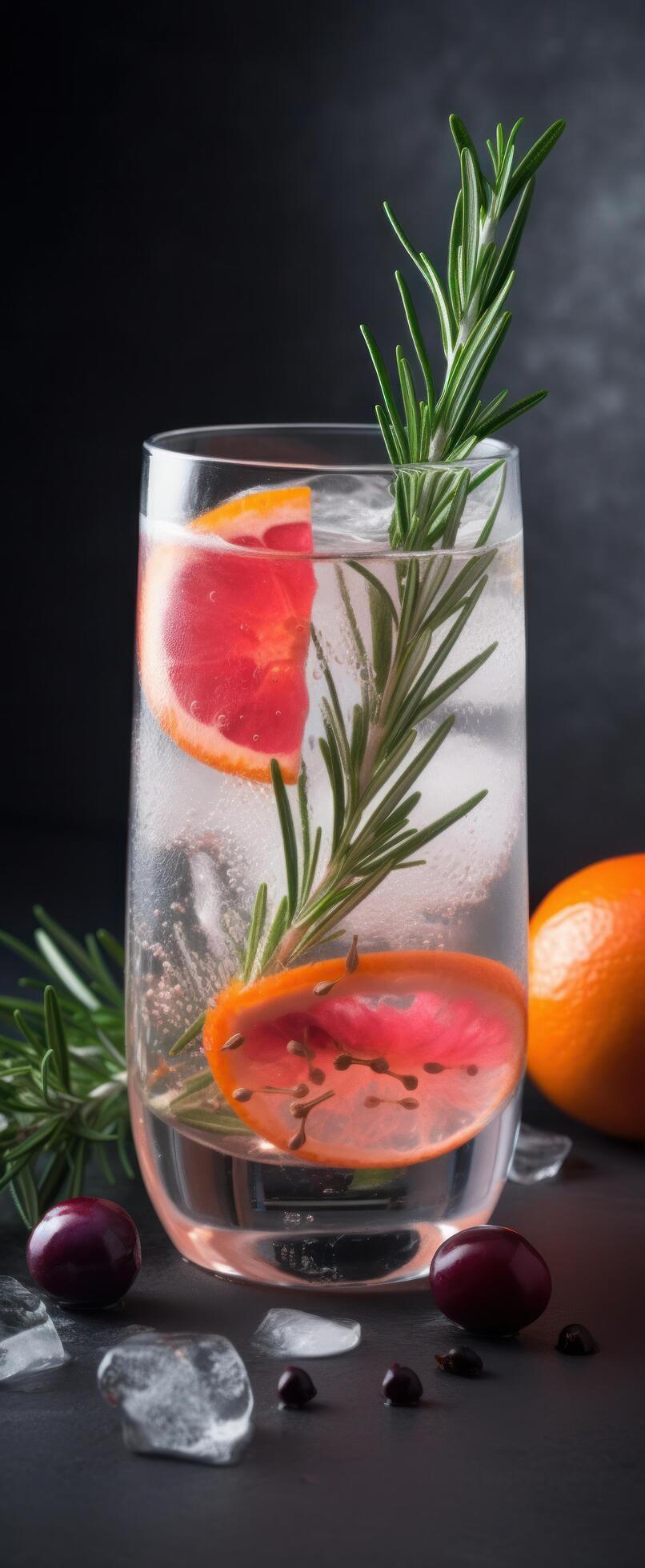 Cocktail of vodka and sprite with ripe fruits and rosemary Illustration