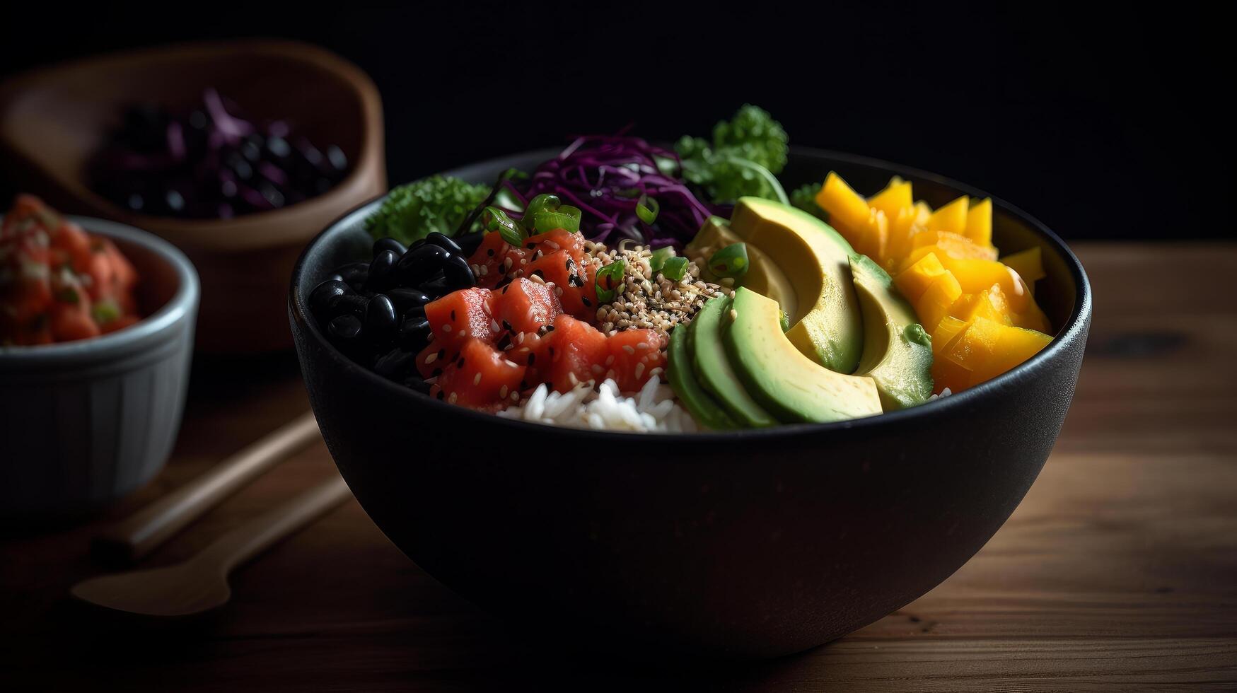 Poke bowl food background. Illustration photo