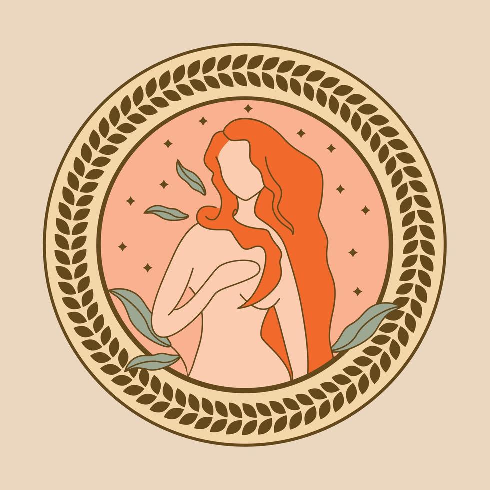 hermosa mujer con naranja pelo con destellos y hojas ilustración. Venus diosa ilustración. vector