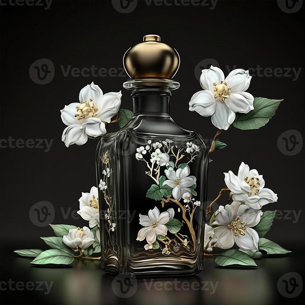 luxury jasmine perfume Bottle in Dark Black Background . photo