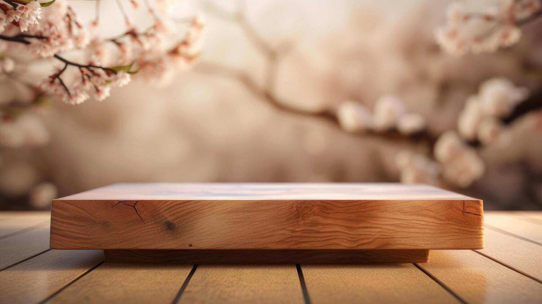 Empty wooden table with sakura flowers. Illustration photo