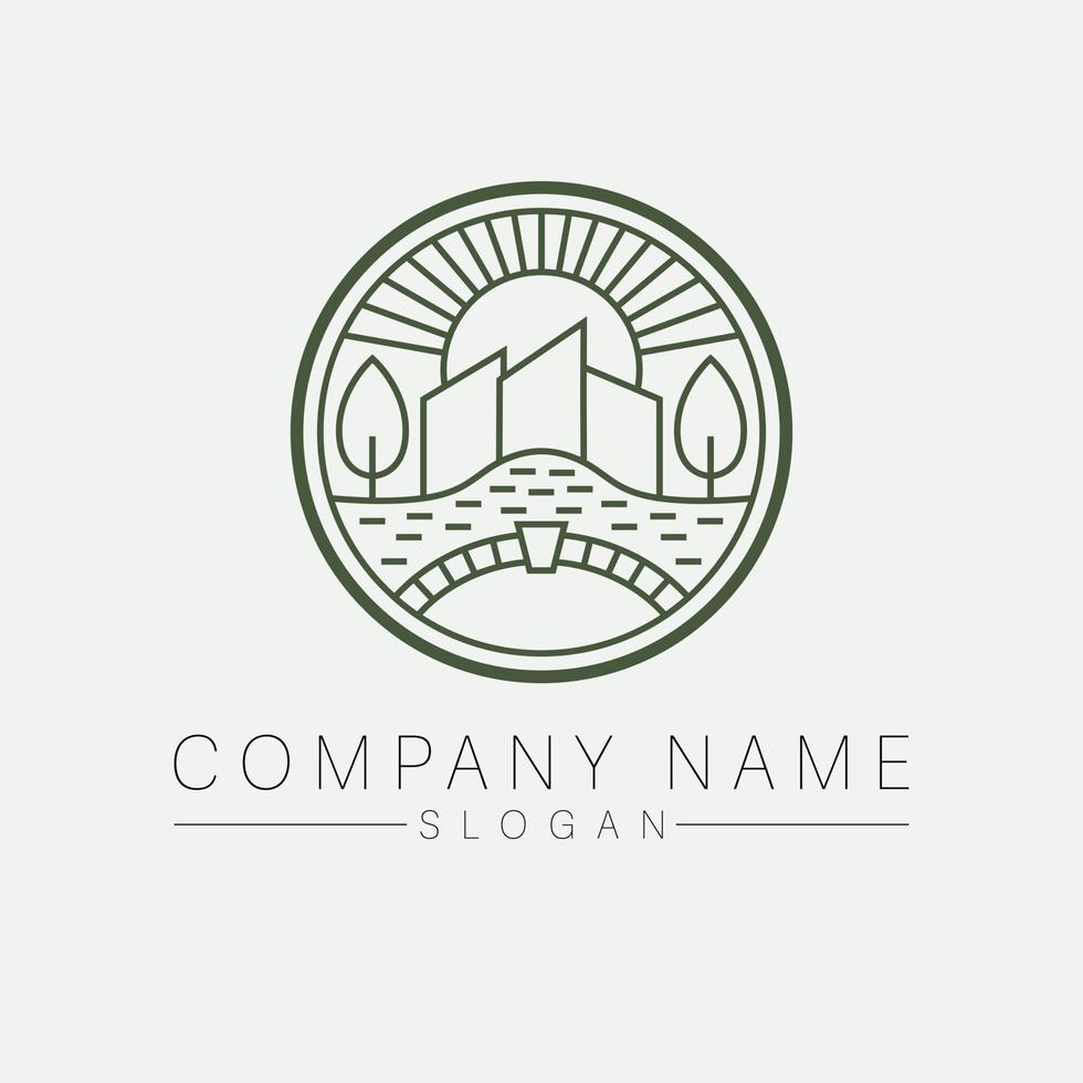 real inmuebles empresa vector logo diseño. puente y ciudad moderno logotipo ciudad paisaje plano logo modelo.