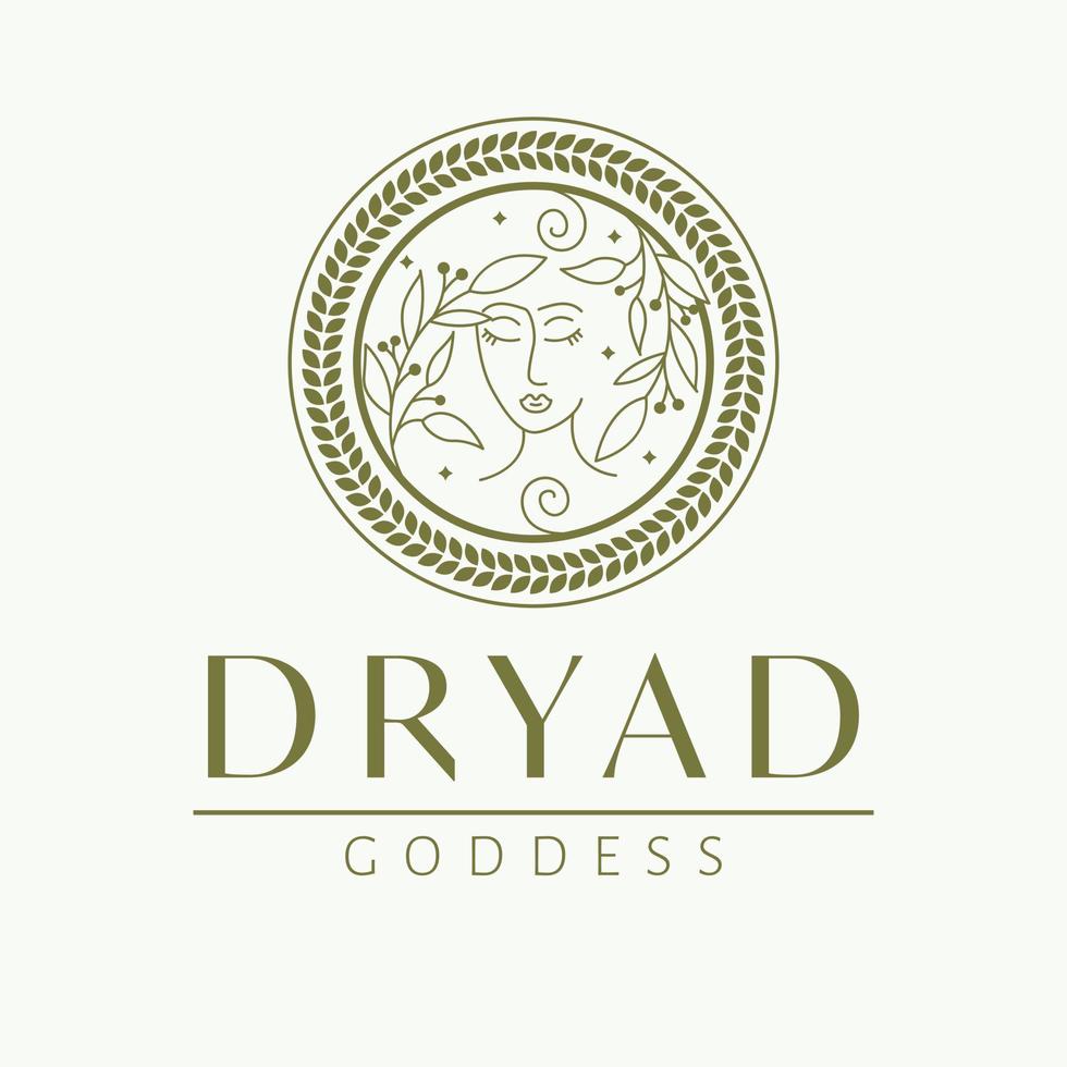 Dryad goddess logo design. Greek goddess vector logotype. Beauty and art industry logo template. Forest nymph, patroness of trees.