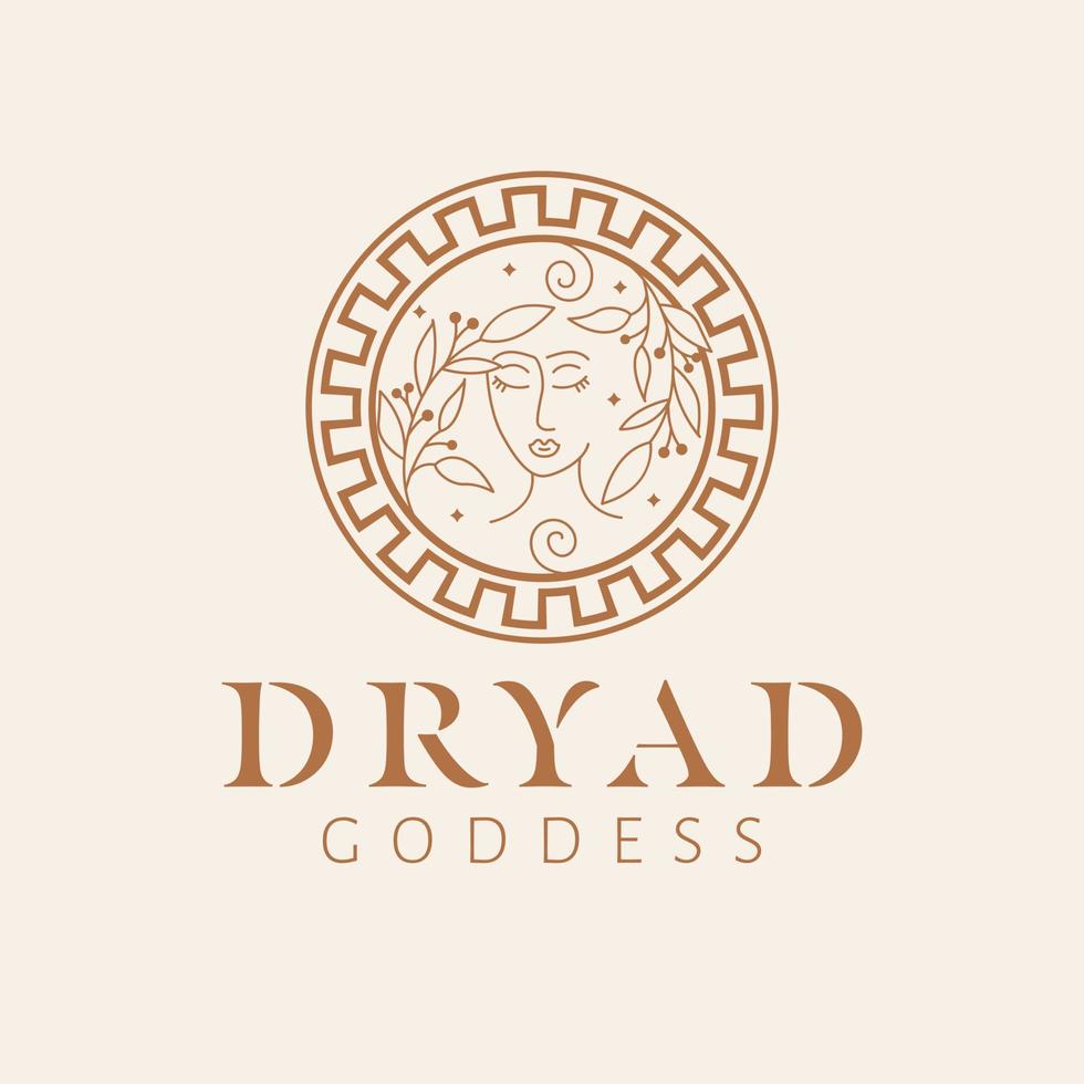 Dryad goddess logo design. Greek goddess vector logotype. Beauty and art industry logo template. Forest nymph, patroness of trees.