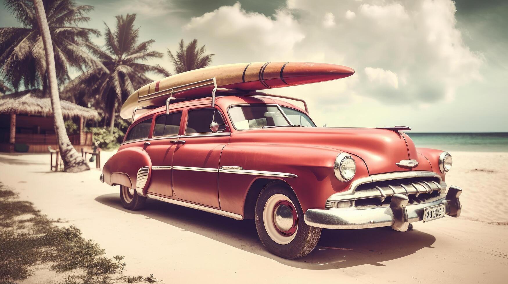 Old car with surf board. Illustration photo