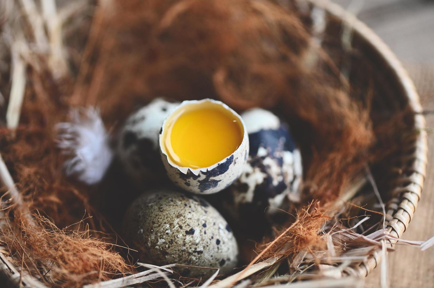 quail eggs on basket, fresh quail eggs on wooden table background, raw eggs with peel egg shell photo