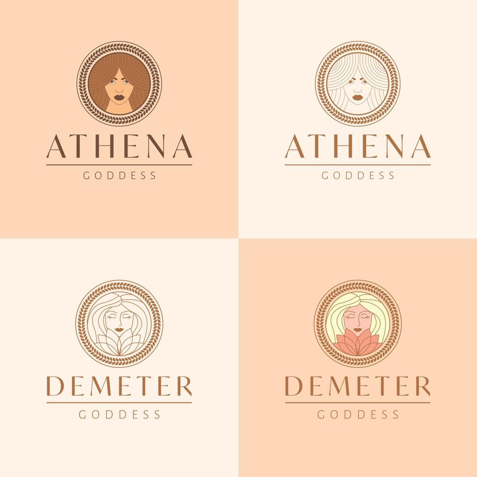 atenea y demeter emblemas colocar. hermosa diosa vector ilustración, logo diseño. antiguo mujer logo colocar.