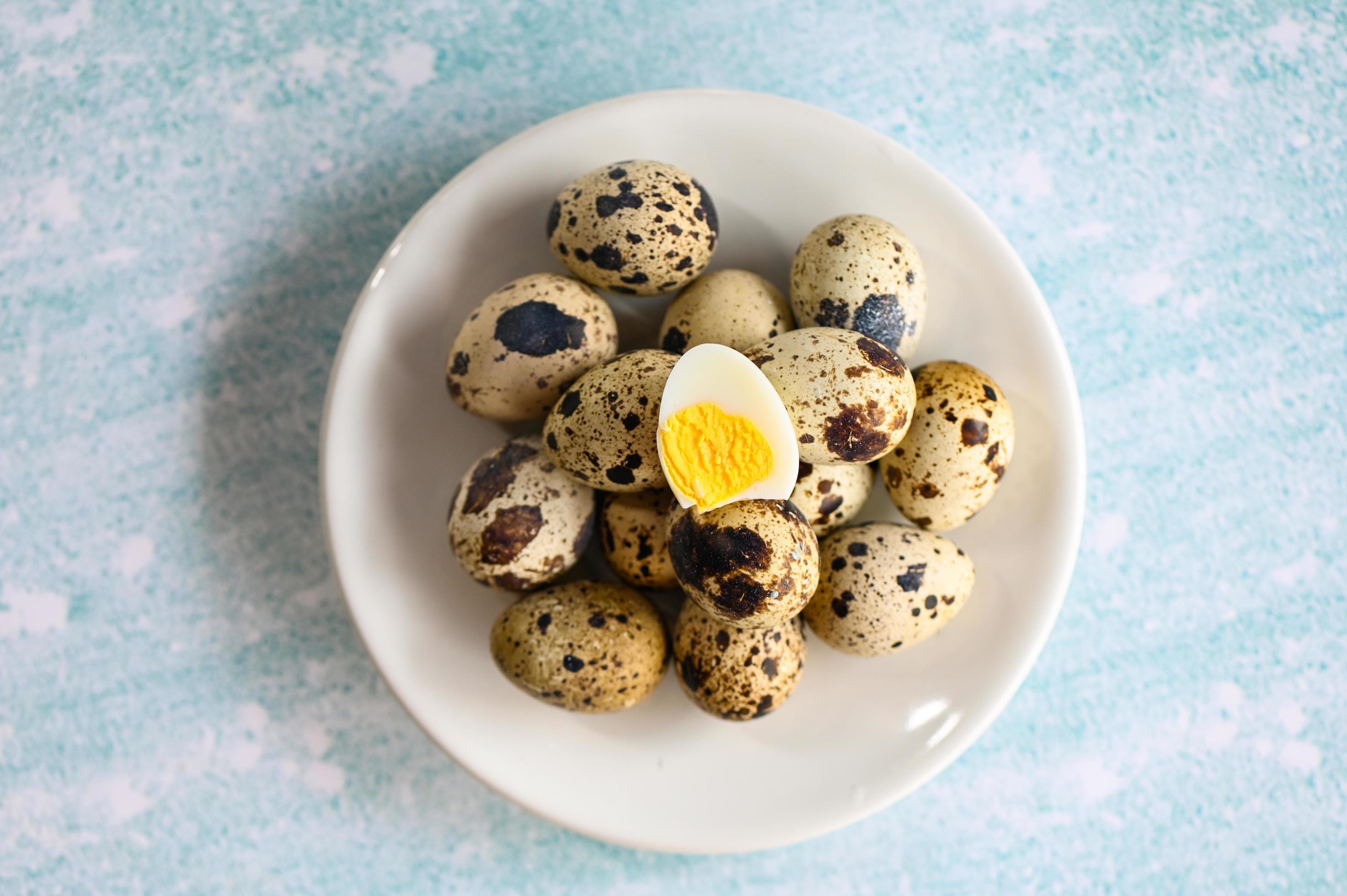 boiled eggs food, quail eggs on white plate, breakfast eggs with fresh quail eggs on table