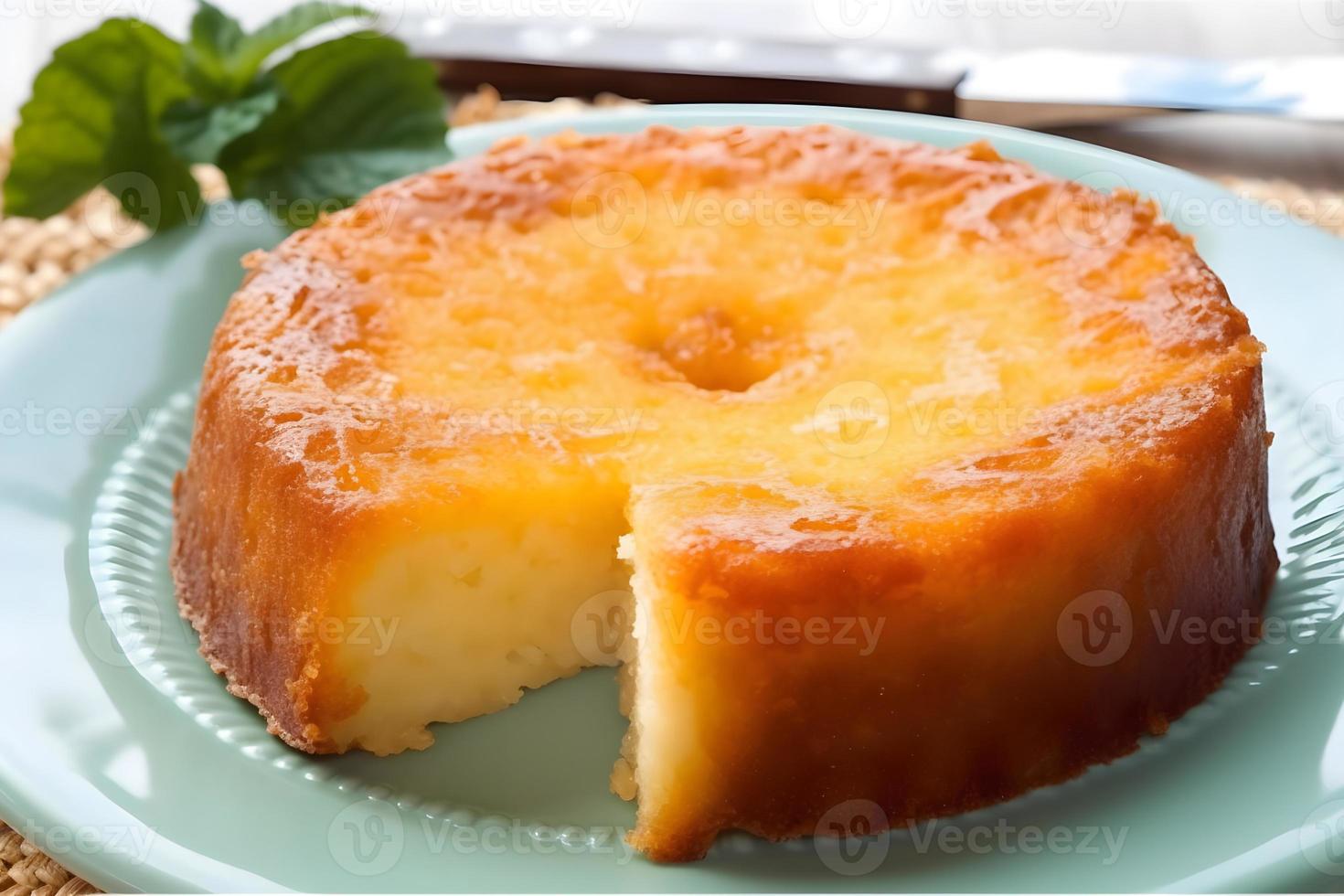 A yellow cake with a slice taken out of it Macaxeira Bolo Brazilian photo