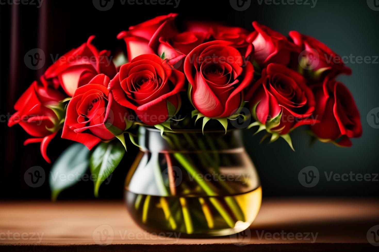 Red roses in a glass flower vase on the table for Mother's Day and Valentine's Day photo