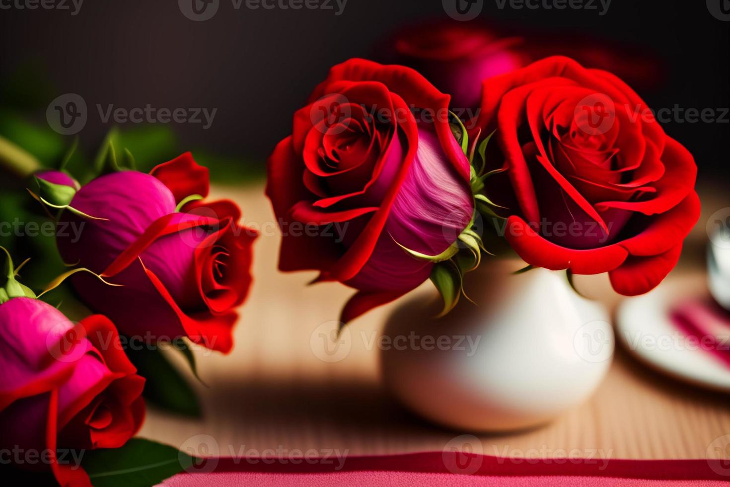 Red roses in a flower vase on the table for Mother's Day and Valentine's Day photo