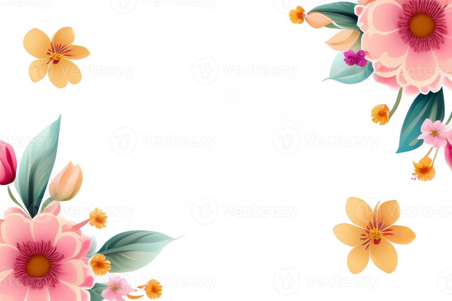 Spring background with pink, yellow flowers, and green leaves for Mother's Day, copy space photo