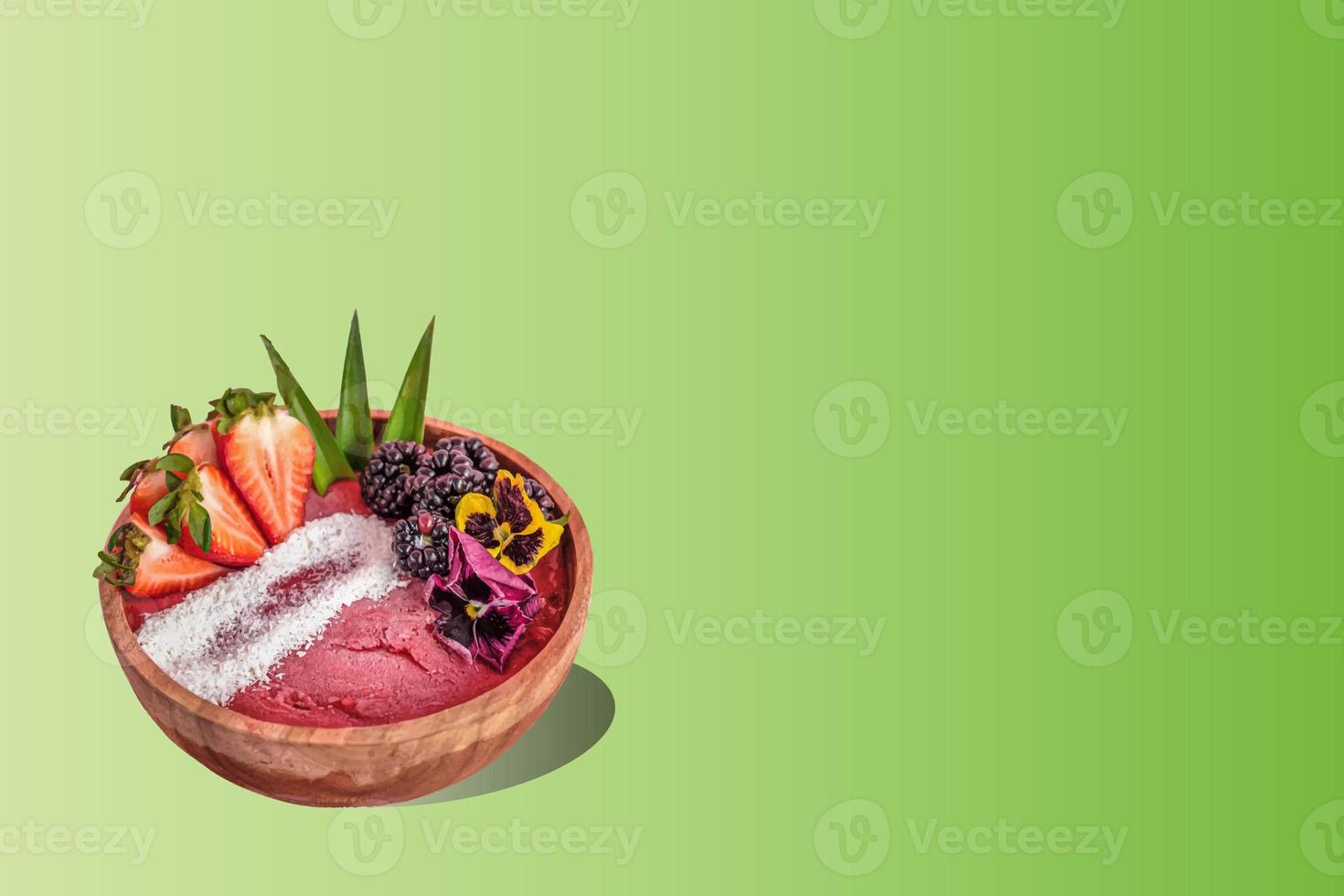 acai bowl with colorful gradient food, fruits background. Summer acai smoothie wooden bowl with strawberries, blackberries. photo
