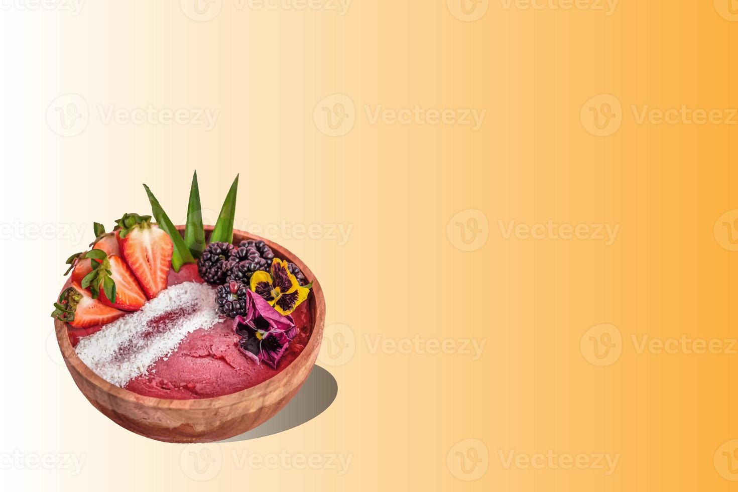 acai bowl with colorful gradient food, fruits background. Summer acai smoothie wooden bowl with strawberries, blackberries. photo