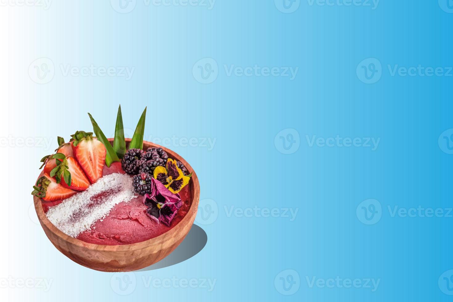 acai bowl with colorful gradient food, fruits background. Summer acai smoothie wooden bowl with strawberries, blackberries. photo