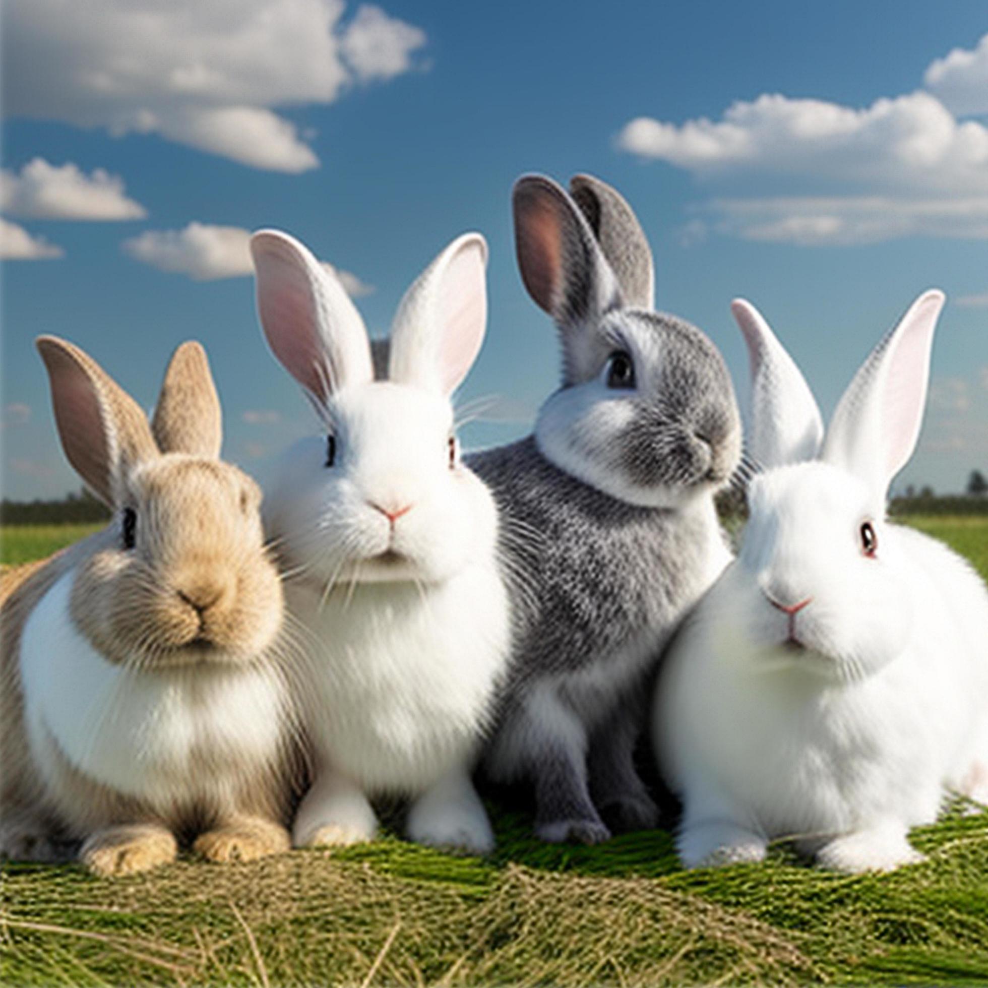 Group of cuddly furry rabbit bunny sitting and lying down together on