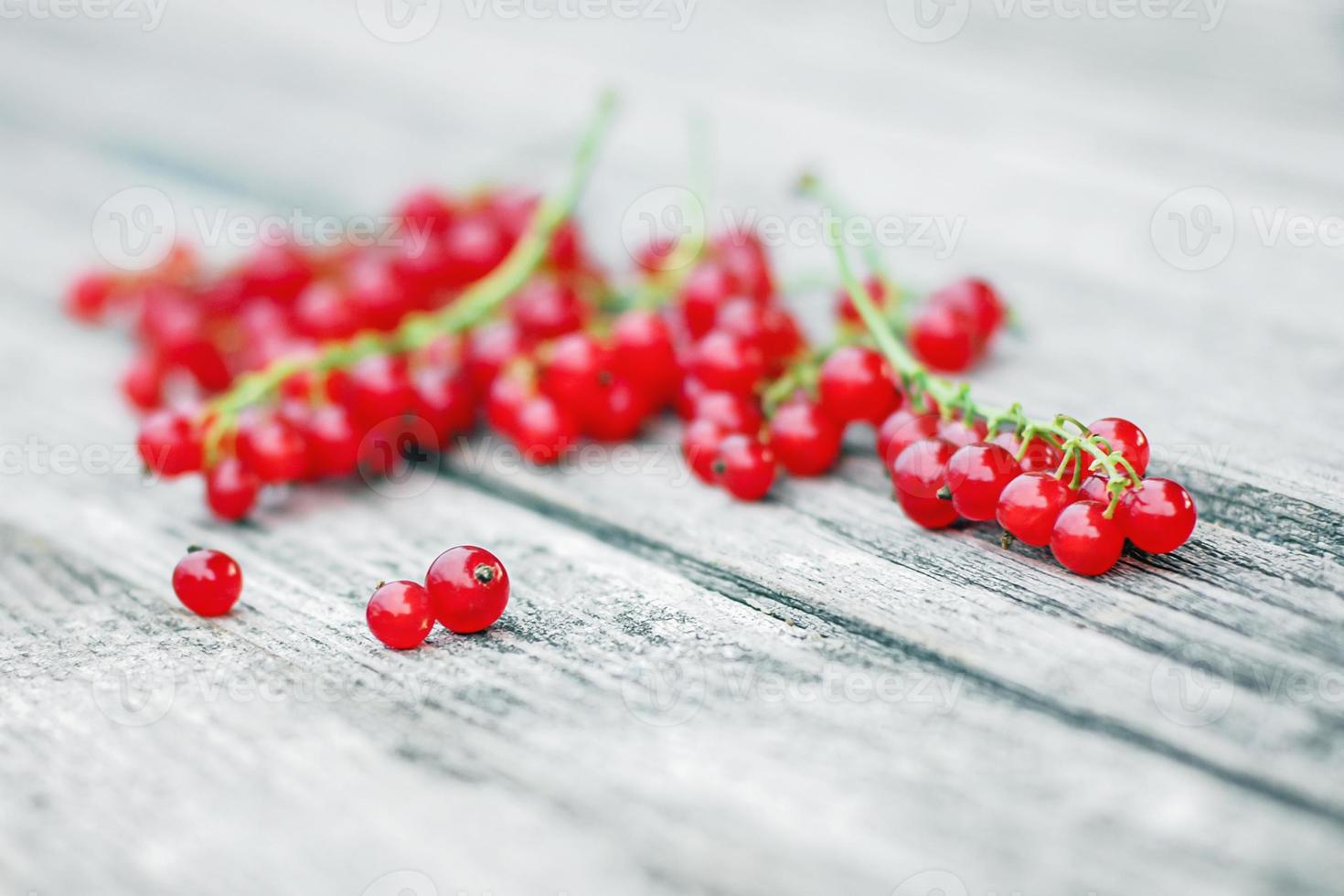 Red currant berries lying on old gray wooden surface, selective focus, shallow depth of field photo