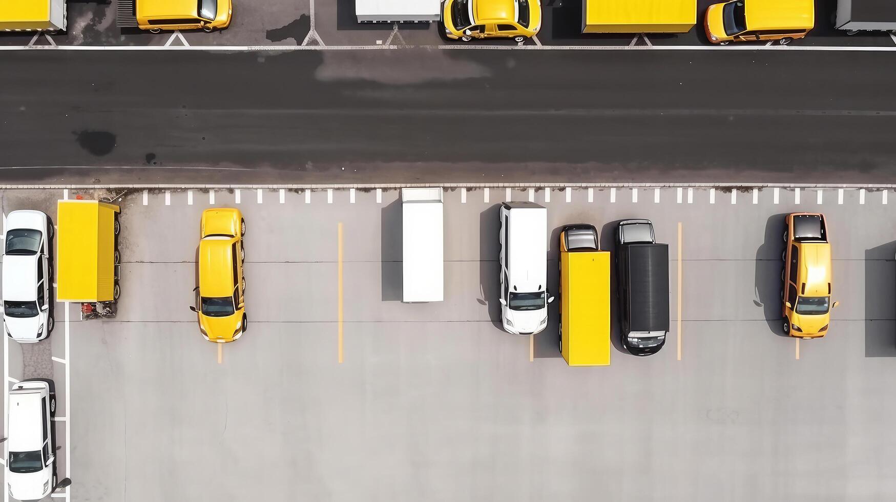 amarillo camiones parte superior vista. ilustración ai generativo foto