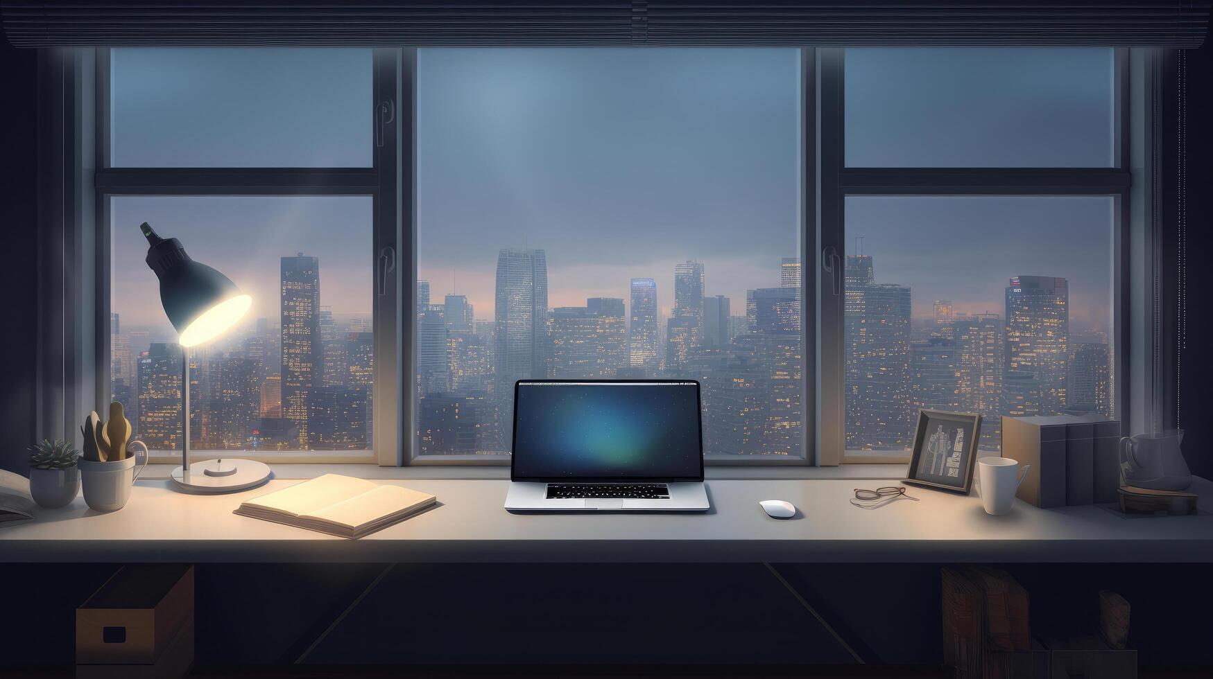 Modern working desk against big window in big city. Illustration photo