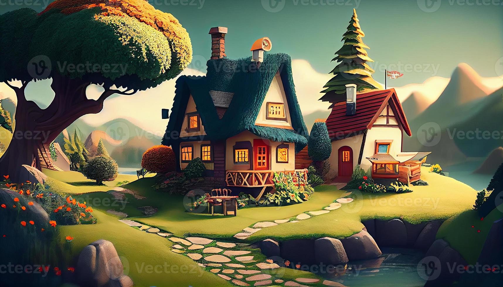 Small Cute Cozy Comfort House Village Country House Building and Grass Garden Landscape Scene View Illustration photo