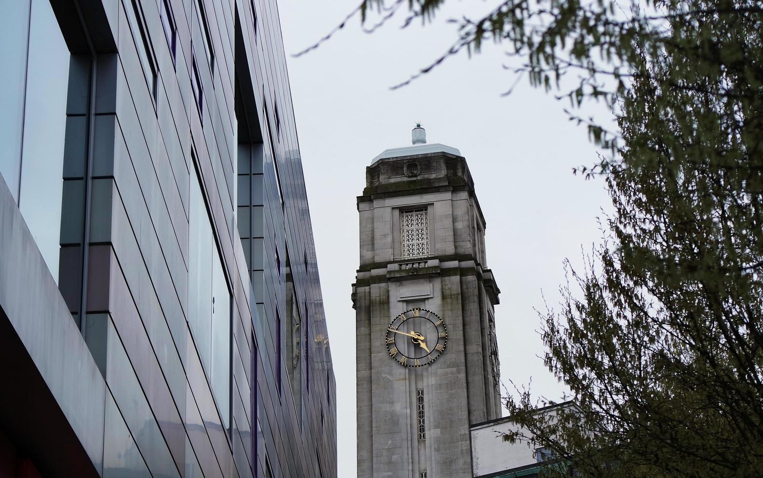 Low Angle View of Downtown City Center of British City London Luton Town of England UK. The Image Was Captured at Central Luton  City During a Cold and Cloudy Evening of 01-April-2023 photo