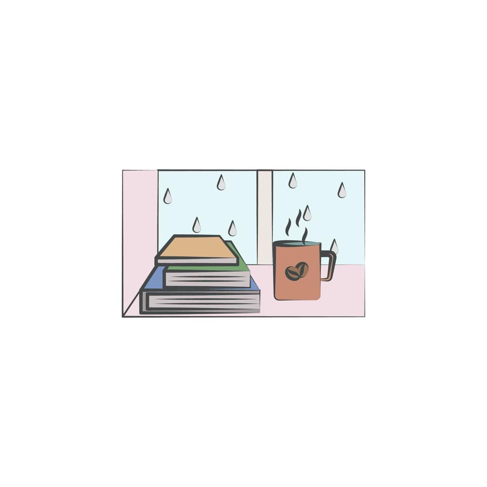 Book coffee and rain colored hand drawn vector icon