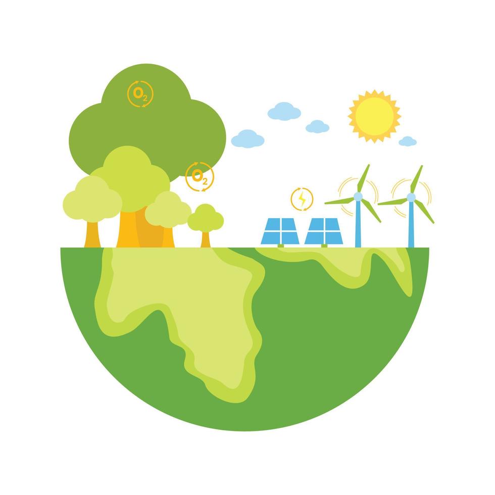 World environment with half globe, tree, sun, cloud and sustainable energy vector