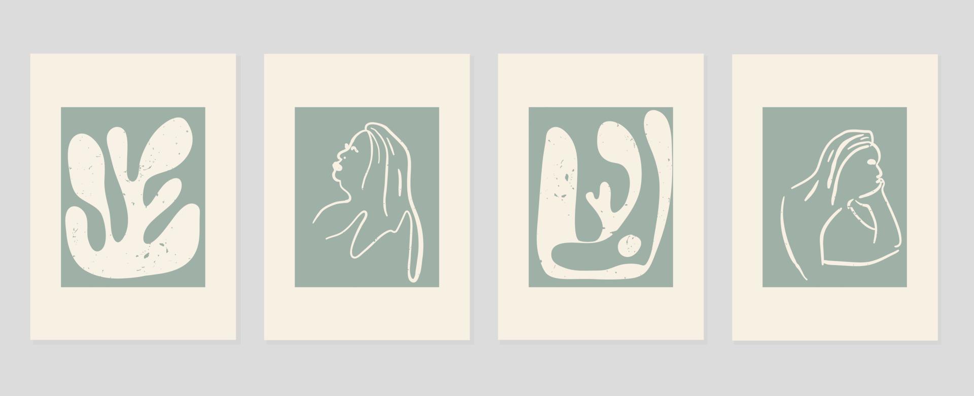 conjunto de resumen cubrir antecedentes inspirado por Matisse. desnudo hembra cuerpo, coral, monocromo, grunge textura. contemporáneo estético ilustrado diseño para pared arte, decoración, imprimir, fondo de pantalla. vector