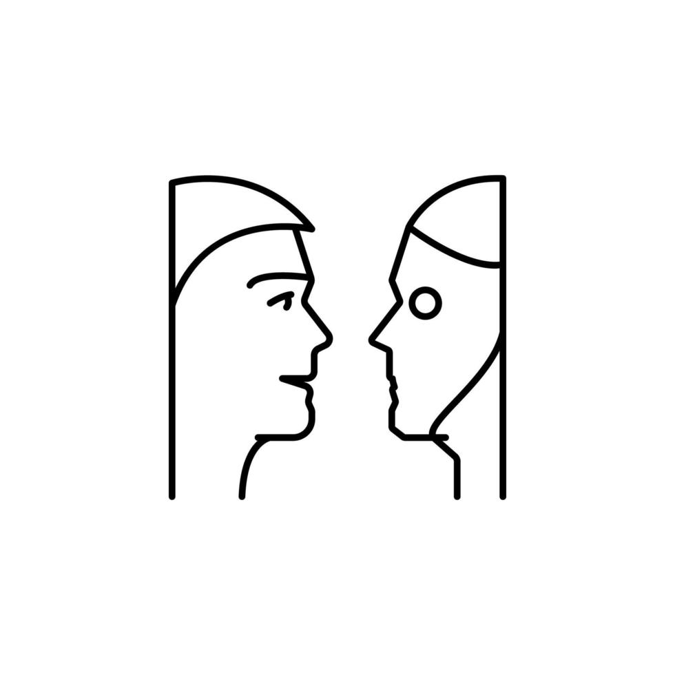 Human and robot talking concept line vector icon