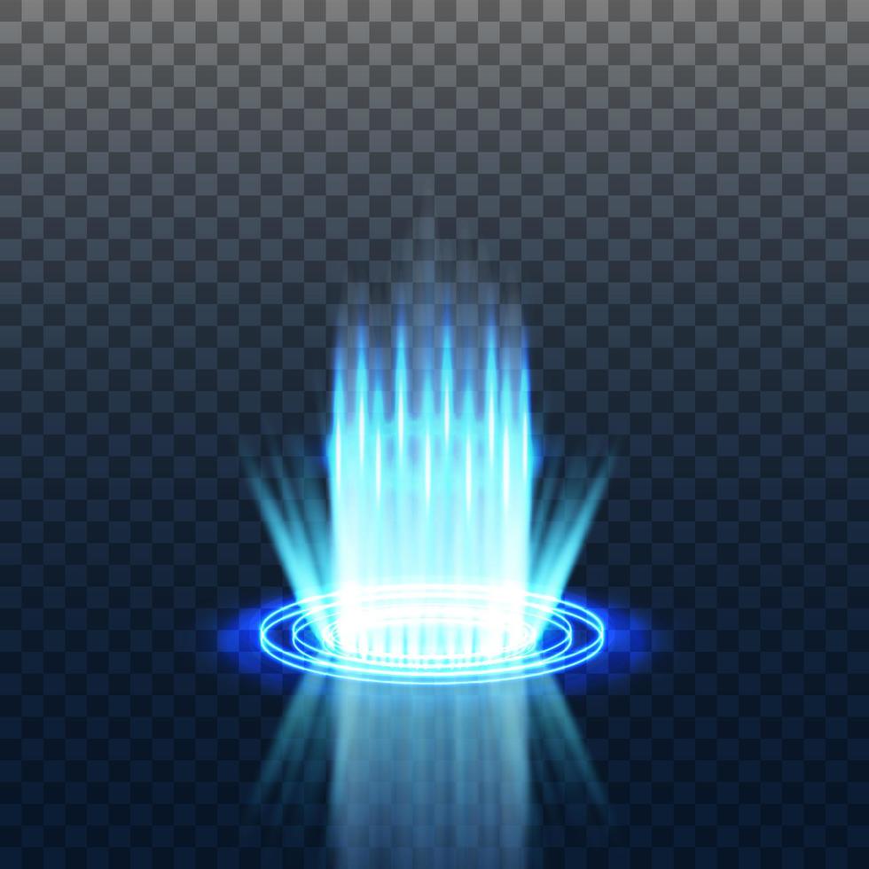 Blue magic portal. Futuristic teleport. light effect. Blue candles beams of a night scene with sparks. Empty podium light effect. Disco dance floor. vector