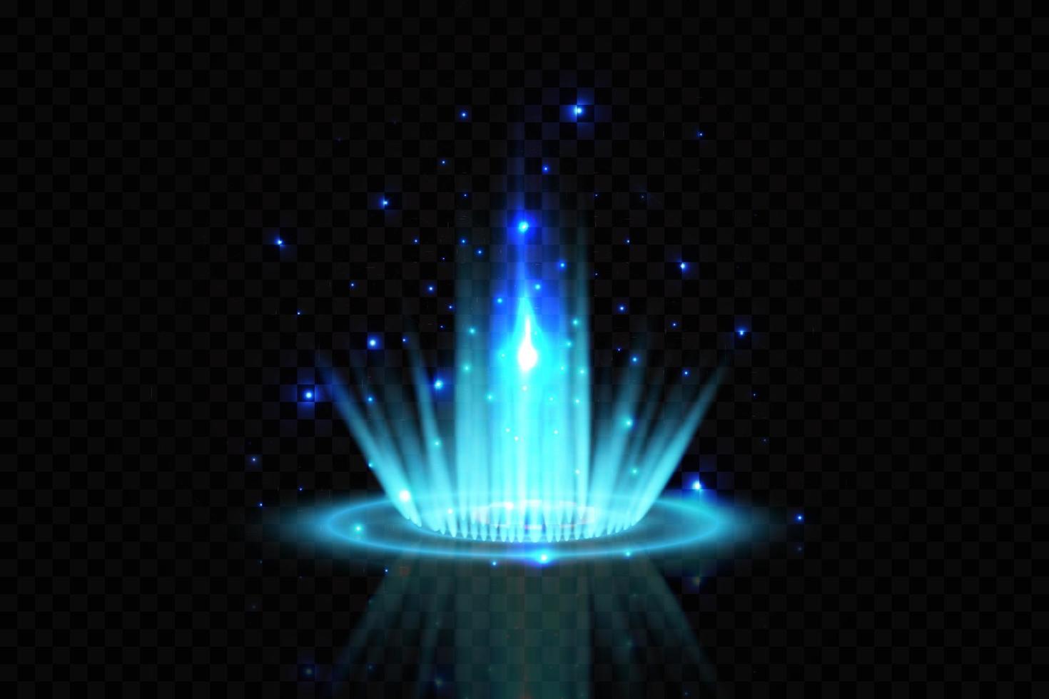 Blue magic portal. Futuristic teleport. light effect. Blue candles beams of a night scene with sparks. Empty podium light effect. Disco dance floor. vector