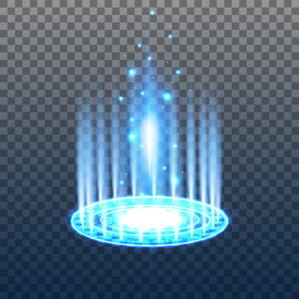 Blue magic portal. Futuristic teleport. light effect. Blue candles beams of a night scene with sparks. Empty podium light effect. Disco dance floor. vector