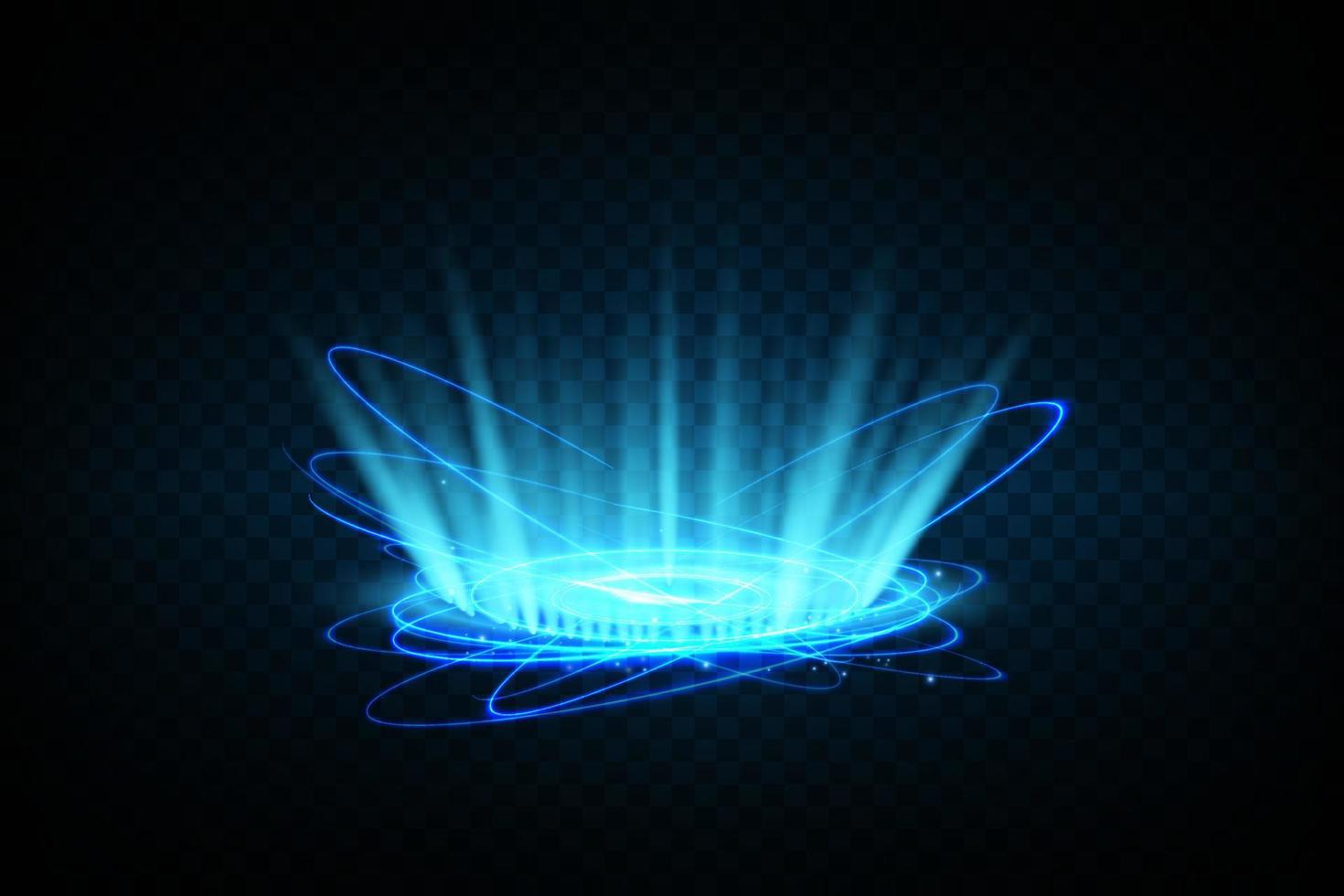 azul magia portal. futurista teletransportarse ligero efecto. azul velas vigas de un noche escena con chispas. vacío podio ligero efecto. disco danza piso. vector