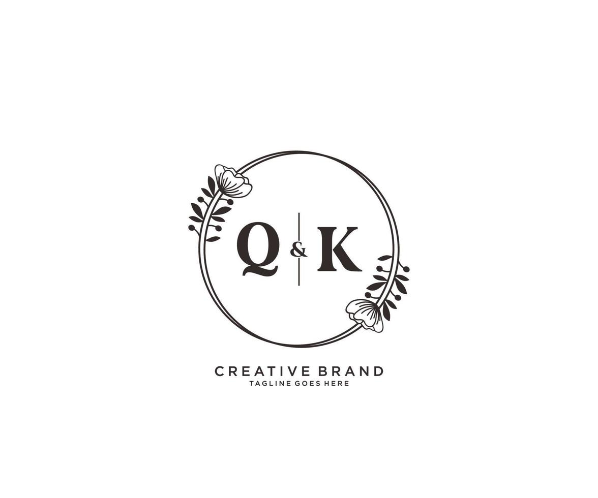 initial QK letters hand drawn feminine and floral botanical logo suitable for spa salon skin hair beauty boutique and cosmetic company. vector