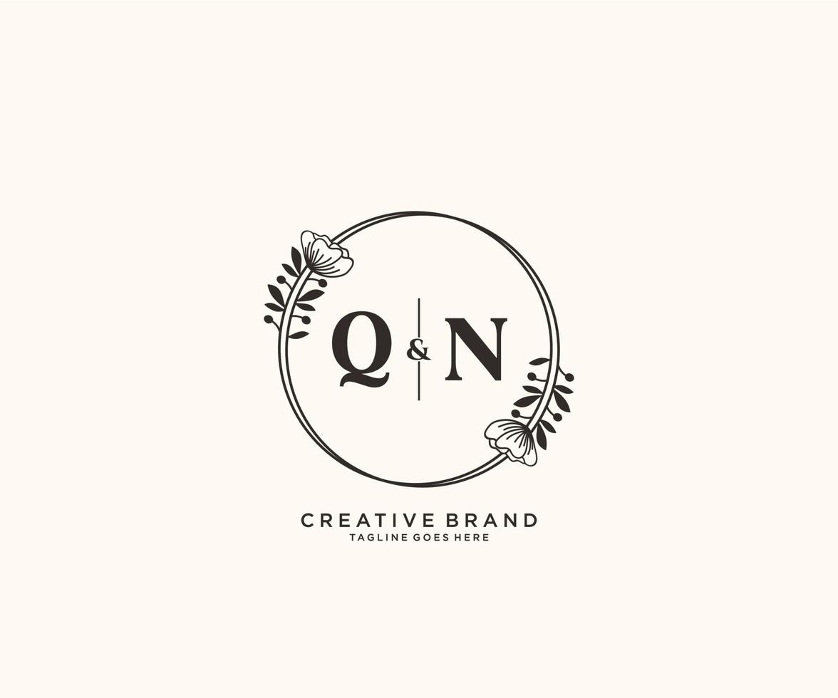 initial QN letters hand drawn feminine and floral botanical logo suitable for spa salon skin hair beauty boutique and cosmetic company. vector