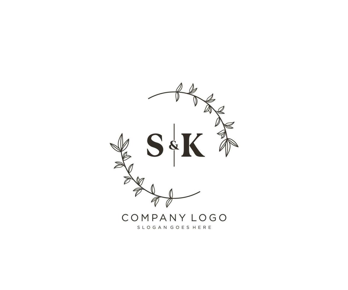 initial SK letters Beautiful floral feminine editable premade monoline logo suitable for spa salon skin hair beauty boutique and cosmetic company. vector