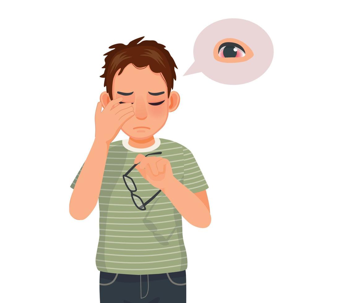 Young man has conjunctivitis or pink eye, sore and swollen eyes because of infection, irritation or inflammation allergies to dust vector